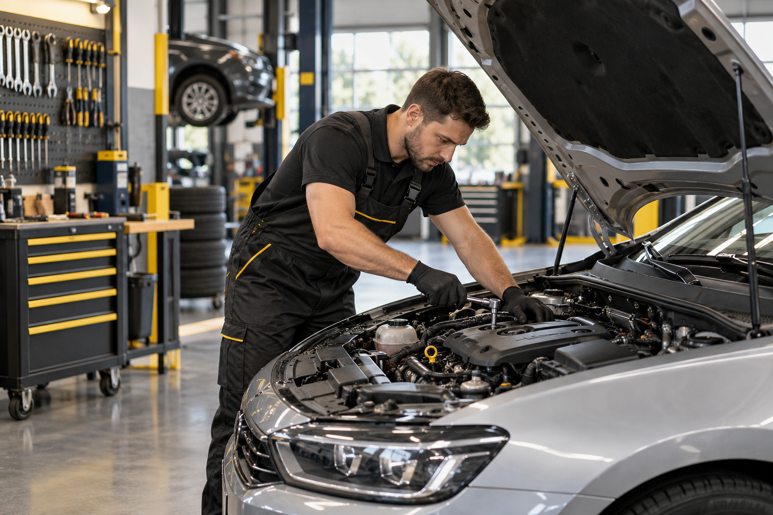 Oto serviste aracın motor bakımını yapan usta
